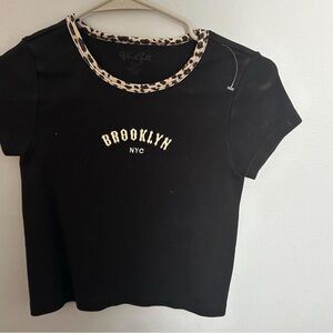 Brandy Melville Black Tee with Animal Print Collar